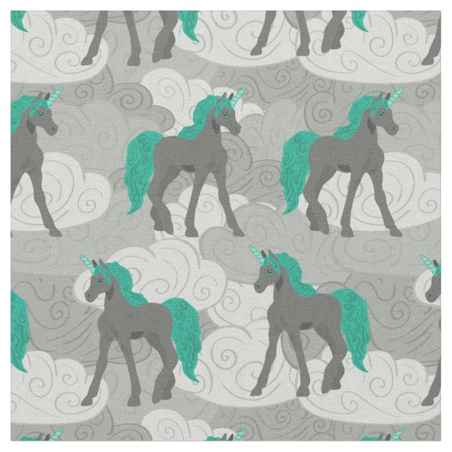 Tissu Unicornes et nuages gris et Turquoises (Fermer)