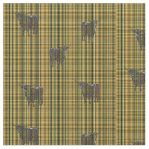 Tissu Vache Highland Sur Tartan Jaune Brown Impression,