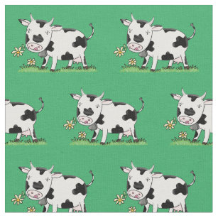 Tissu Vache mignonne en vert dessin animé sur le terrain