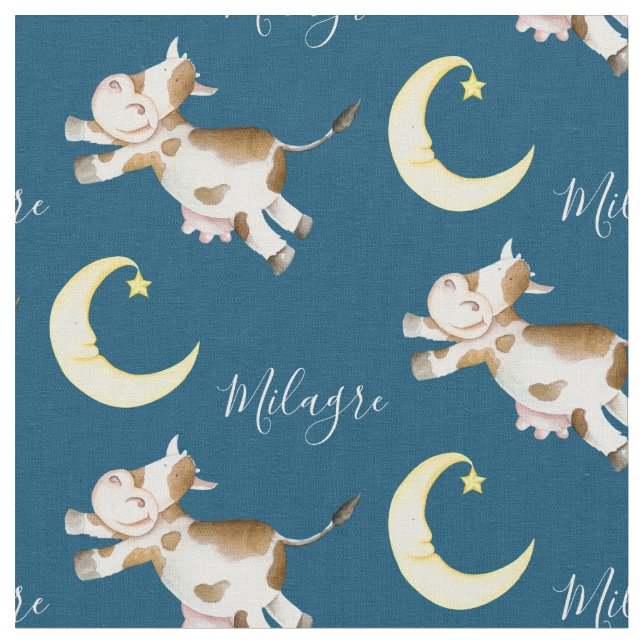 Tissu Vache sauter la lune aquarelle art nom personnalis (Fermer)