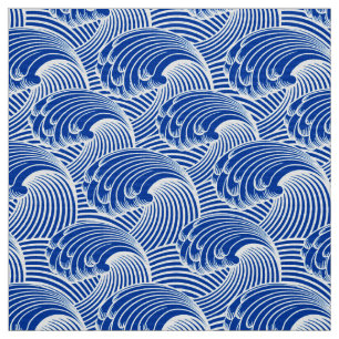 Tissu Vagues japonaises vintages, bleu de cobalt et
