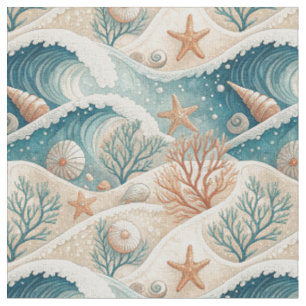 Tissu Vagues océaniques, coquillages et étoiles de mer P