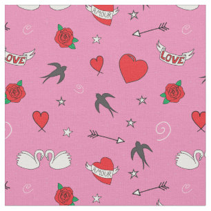 Tissu Valentines rétro Motif mignon en rose