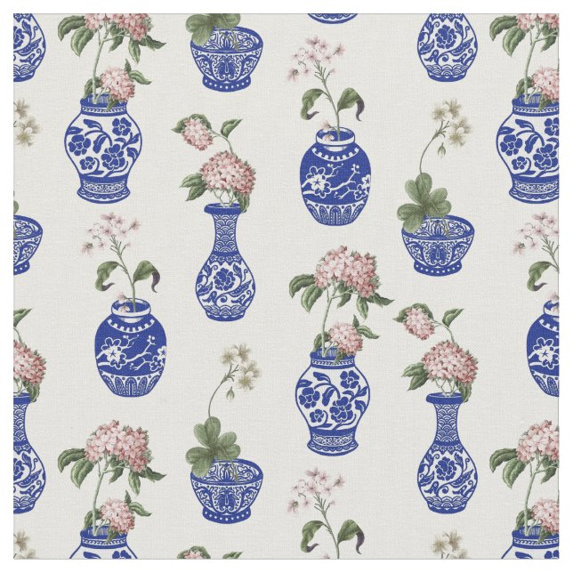 Tissu Vases et fleurs bleus de chinoiserie  (Fermer)