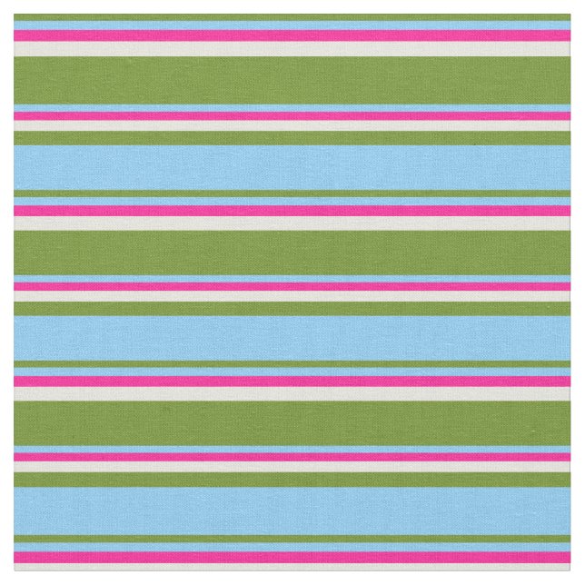 Tissu Vert, bleu ciel clair, lignes rose profond et beig (Fermer)