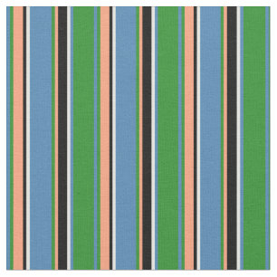 Tissu Vert, Bleu, Crème à la menthe, Noir, Lignes Saumon