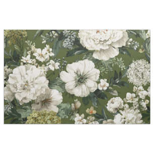 Tissu Vert botanique floral rustique blanc gras vintage