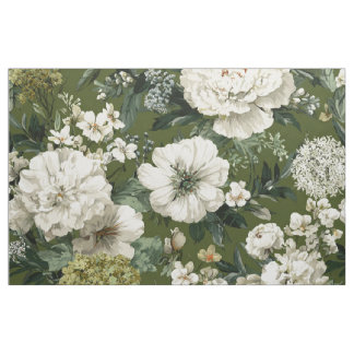 Tissu Vert botanique floral rustique blanc gras vintage 
