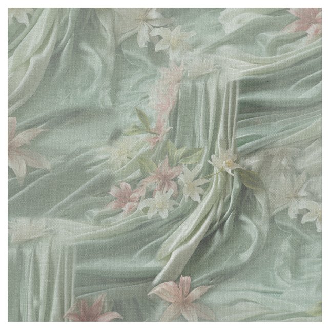 Tissu Vert, Crème, Draps De Soie Et Fleurs De Pinkish (Fermer)