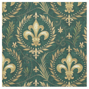 Tissu Vert émeraude et or Crête Motif Royal Damassé