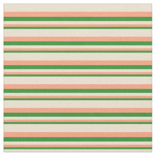 Tissu Vert forêt, Saumon clair et lignes de couleur beig