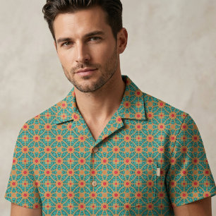 Tissu Vert orange et rouge Motif géométrique élégant