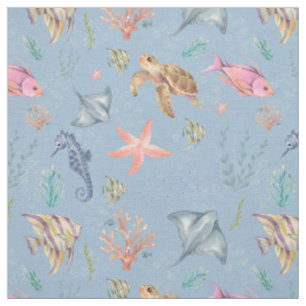 Tissu Vie océanique à l'aquarelle Texturé bleu clair