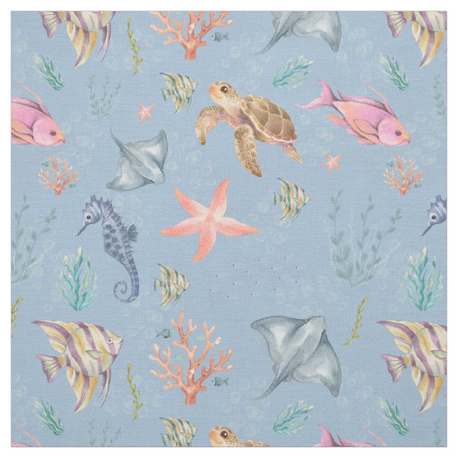 Tissu Vie océanique à l'aquarelle Texturé bleu clair (Échantillon)