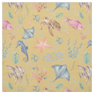 Tissu Vie océanique à l'aquarelle Texturé Jaune