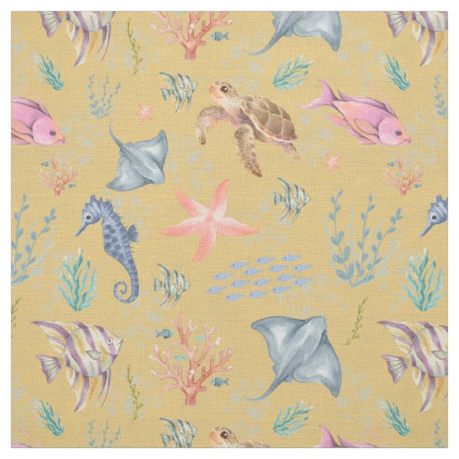 Tissu Vie océanique à l'aquarelle Texturé Jaune (Échantillon)