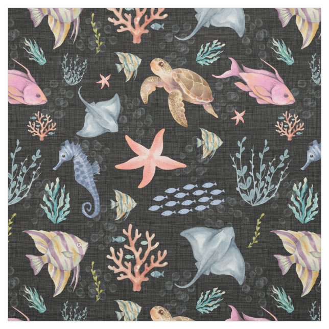 Tissu Vie océanique à l'aquarelle Texturé Noir (Échantillon)
