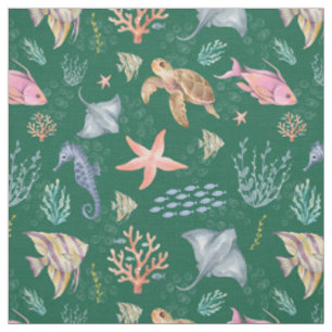 Tissu Vie océanique à l'aquarelle Texturé vert foncé
