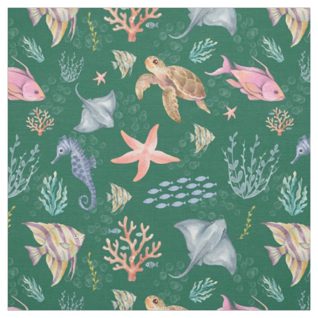 Tissu Vie océanique à l'aquarelle Texturé vert foncé (Échantillon)
