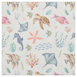 Tissu Vie océanique à l'aquarelle Texturée Blanche