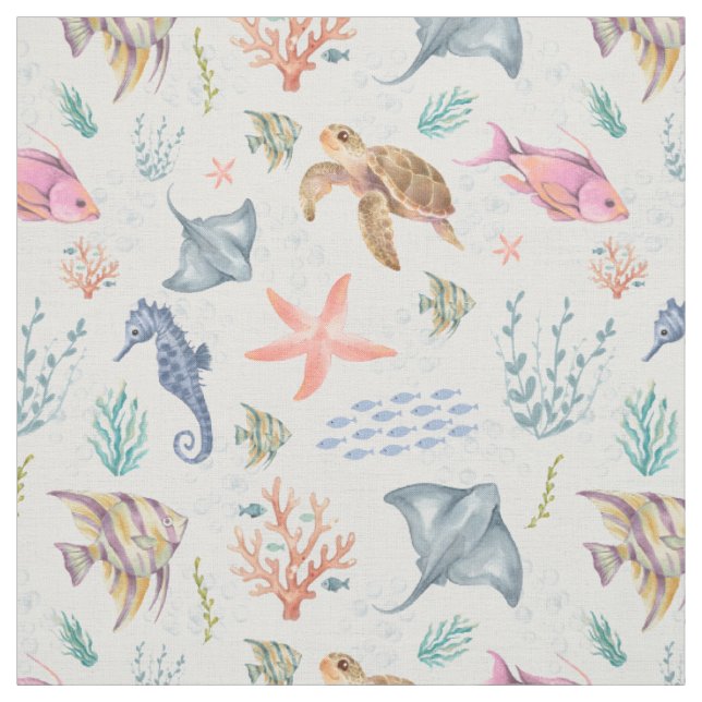 Tissu Vie océanique à l'aquarelle Texturée Blanche (Échantillon)