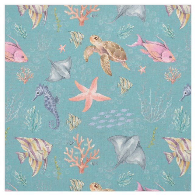 Tissu Vie océanique aquarelle turquoise texturée (Échantillon)