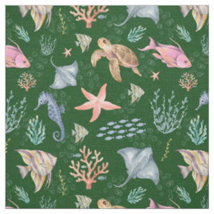Tissu Vie océanique aquarelle vert forêt texturé