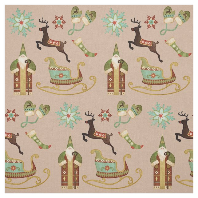Tissu Vieux Noël de mode sur Tan (Échantillon)