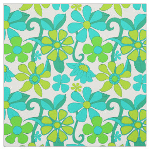 Tissu Vintage 60s Green Blue Hippie Flowers Motif
