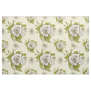 Tissu Vintage blanc Roses Motif Vert Accents