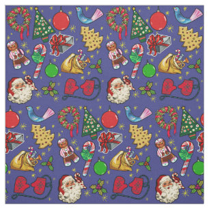 Tissu Vintage de Noël rétro couleur bleu rouge vert