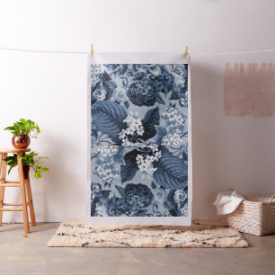Tissu Vintage Floral Toile Botanique Indigo Bleu
