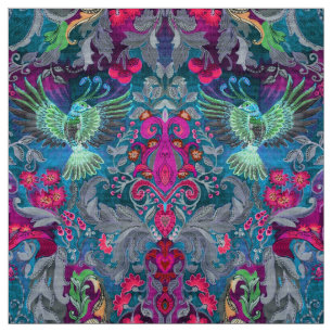 Tissu Vintage jardin fleuri bleu oiseau lux motif
