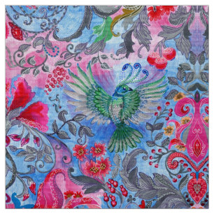 Tissu Vintage jardin fleuri bleu oiseau lux motif