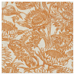 Tissu Vintage Tournesol Antique Toile Brûlé Orange