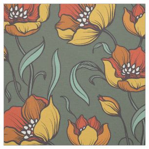 Tissu Vintage Vert Orange Or Nostalgique Floral