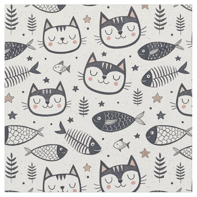 Tissu Visage de Chat Mignon & Motif d'Os de Poisson - De (Fermer)