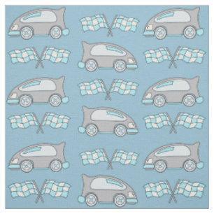 Tissu Voiture de course et drapeaux sur motif bleu