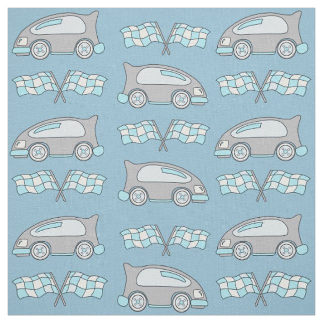 Tissu Voiture de course et drapeaux sur motif bleu (Échantillon)