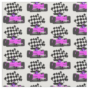 Tissu Voiture de course rose avec drapeau À damiers
