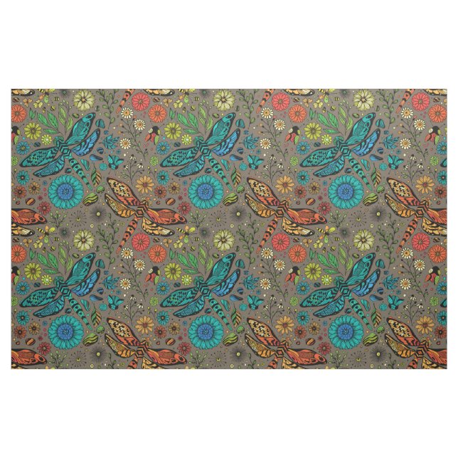 Tissu Voler, libellule de mouche sur brun (Fat Quarter)