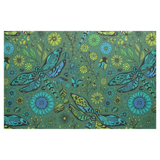 Tissu Voler, voler la libellule sur le vert émeraude (Fat Quarter)