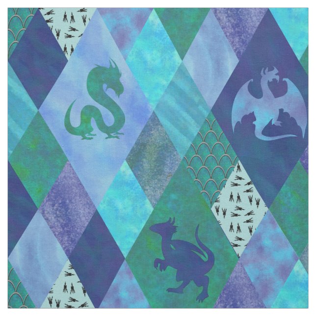 Tissu Watercolor Dragon Patchwork Quilt in Blue Green (Échantillon)