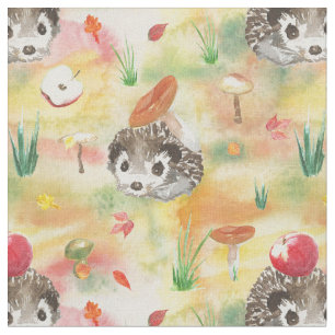 Tissu Watercolor hedgehog with mushrooms and apple
