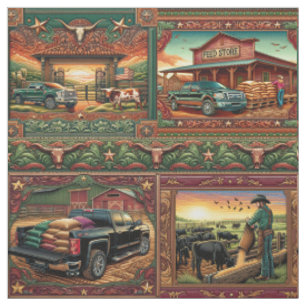 Tissu Western Farm Ranch Scènes Faux Leather Imprimer