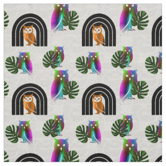 Tissu Whimsical Boho Owl & Tropical Monstera Leaf