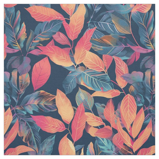 Tissu Whispers d'automne : Feuilles chauds sur bleu mari (Échantillon)