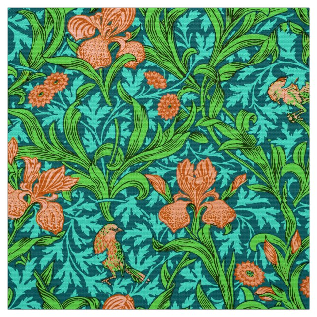 Tissu William Morris Irises, Orange et Turquoise (Échantillon)