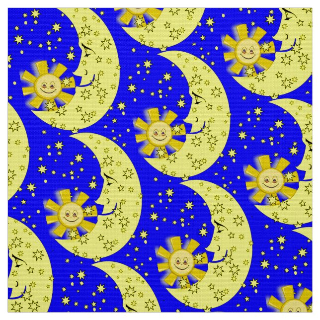 Tissu Yellow Sun Moon Stars Blue Fabric (Échantillon)