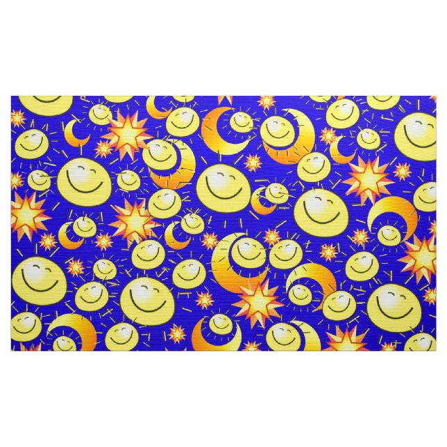 Tissu YellowOrange Stars Sun Moon Blue Fabric (Yard)